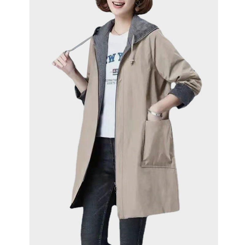 YISOLIFE Дамско яке с качулка Ветровка с пълен цип Свободен тренч Палта със средна дължина Едноцветни прости якета
