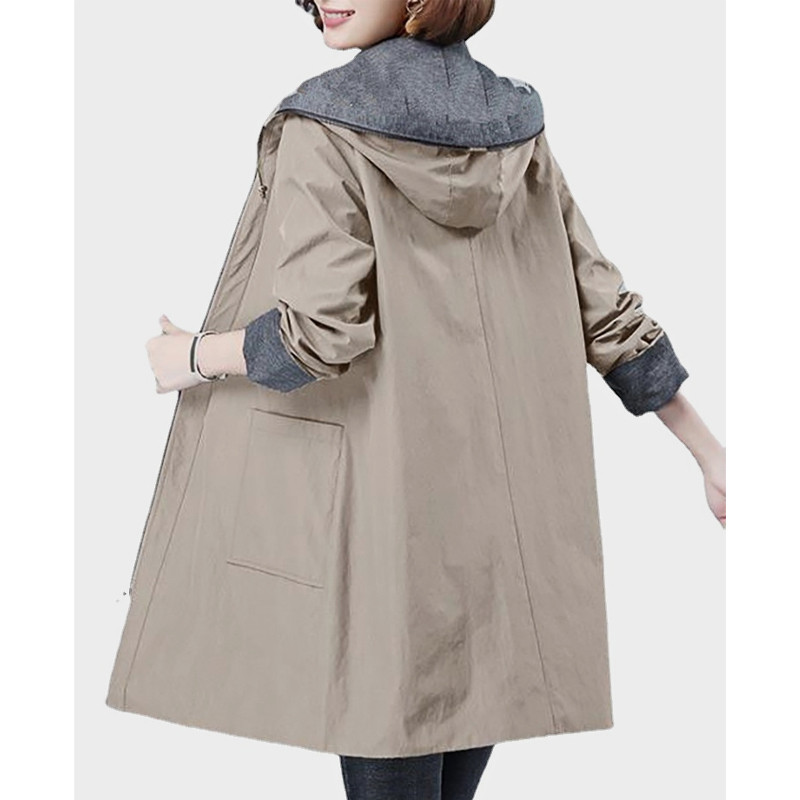 YISOLIFE Дамско яке с качулка Ветровка с пълен цип Свободен тренч Палта със средна дължина Едноцветни прости якета