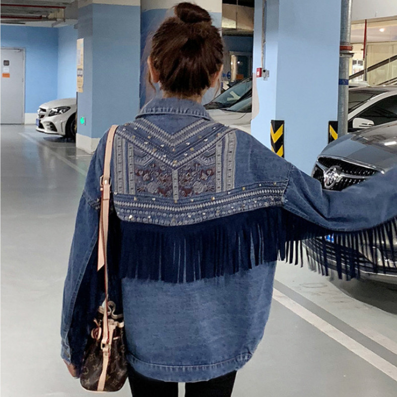 Ženska traper jakna Jesen 2023. Nova traper košulja s izvezenim resicama Ženski široki ležerni kaputi Trendovski dizajn Korejska verzija Y2K