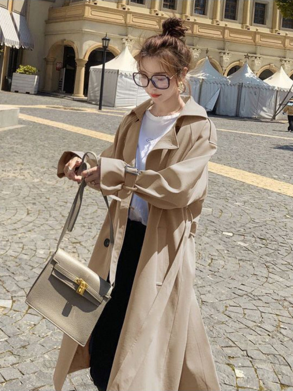 Тренч Дамско облекло Миди якета Свободен тренч Пролет Есен Ново палто Ветровка в английски стил Модни горнища с дълъг ръкав