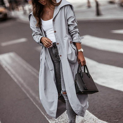 Връхни дрехи за 2022 г. Дамски есенни щампи с цял ръкав и дълга яка с дълги палта Ежедневни джобни дамски тренчи Streetwear Dropshipping