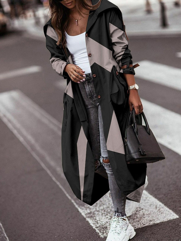 Връхни дрехи за 2022 г. Дамски есенни щампи с цял ръкав и дълга яка с дълги палта Ежедневни джобни дамски тренчи Streetwear Dropshipping