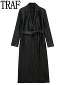 TRAF Μαύρη καμπαρντίνα για Γυναικεία Faux Leather Μακρύ Γυναικείο παλτό Χειμώνας 2022 Ζώνη Κομψή γυναικεία καμπαρντίνα Γυναικείο αντιανεμικό