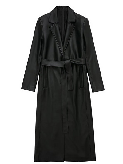 TRAF Μαύρη καμπαρντίνα για Γυναικεία Faux Leather Μακρύ Γυναικείο παλτό Χειμώνας 2022 Ζώνη Κομψή γυναικεία καμπαρντίνα Γυναικείο αντιανεμικό