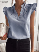 2023 ZANZEA Γυναικείο πουκάμισο με ριγέ στάμπα σε V λαιμόκοψη Νέα μόδα αμάνικη μπλούζα Bohemian Ruffles Chemise Γυναικεία casual γιορτινά μπλουζάκια