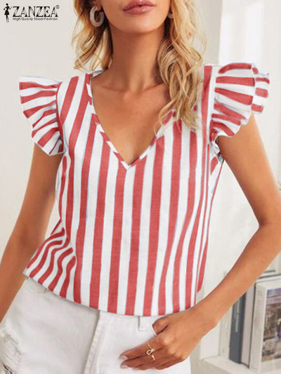 2023 ZANZEA Γυναικείο πουκάμισο με ριγέ στάμπα σε V λαιμόκοψη Νέα μόδα αμάνικη μπλούζα Bohemian Ruffles Chemise Γυναικεία casual γιορτινά μπλουζάκια