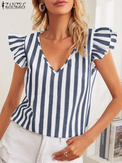 2023 ZANZEA Γυναικείο πουκάμισο με ριγέ στάμπα σε V λαιμόκοψη Νέα μόδα αμάνικη μπλούζα Bohemian Ruffles Chemise Γυναικεία casual γιορτινά μπλουζάκια