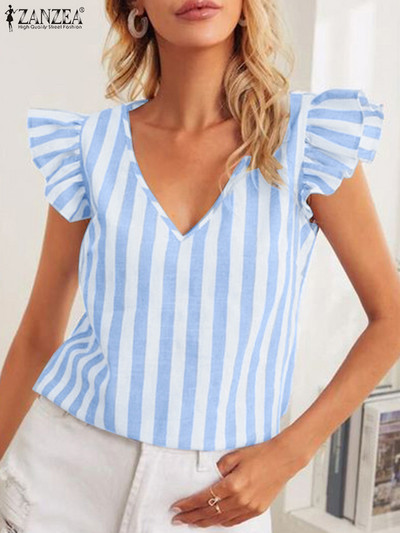 2023 ZANZEA Γυναικείο πουκάμισο με ριγέ στάμπα σε V λαιμόκοψη Νέα μόδα αμάνικη μπλούζα Bohemian Ruffles Chemise Γυναικεία casual γιορτινά μπλουζάκια