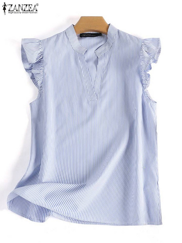2023 ZANZEA Γυναικείο πουκάμισο με ριγέ στάμπα σε V λαιμόκοψη Νέα μόδα αμάνικη μπλούζα Bohemian Ruffles Chemise Γυναικεία casual γιορτινά μπλουζάκια