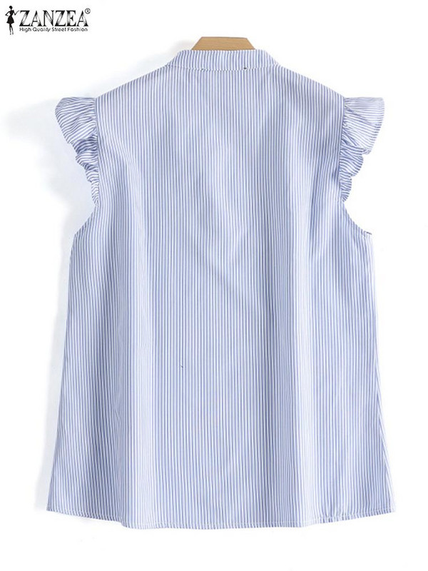 2023 ZANZEA Γυναικείο πουκάμισο με ριγέ στάμπα σε V λαιμόκοψη Νέα μόδα αμάνικη μπλούζα Bohemian Ruffles Chemise Γυναικεία casual γιορτινά μπλουζάκια