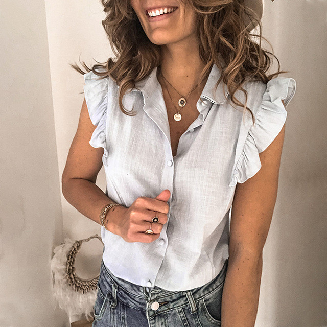 Топове Лятна дамска риза Офис дама с V-образно деколте и волани Едноцветно дамско облекло Пеперуди с ръкави Ежедневна мека уютна блуза без ръкави