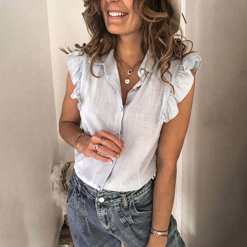 Топове Лятна дамска риза Офис дама с V-образно деколте и волани Едноцветно дамско облекло Пеперуди с ръкави Ежедневна мека уютна блуза без ръкави