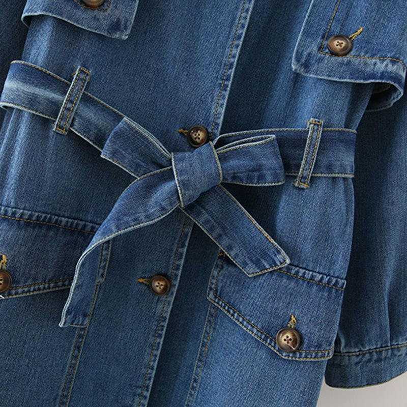 Дънкови тренчи Дамски есен 2022 Ново памучно дънково връхно облекло Колан Свободна дълга ветровка Ежедневно горно палто Женско облекло