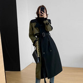 Черна ветровка със средна дължина Дамски тренчкот с колан 2023 Пролет Есен Горно облекло Ново корейско двуредно яке Дълго палто