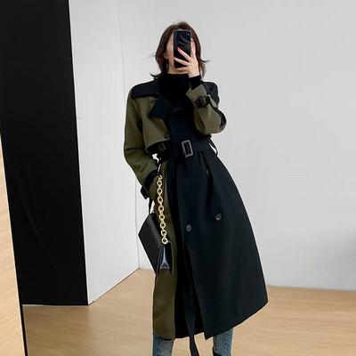 Черна ветровка със средна дължина Дамски тренчкот с колан 2023 Пролет Есен Горно облекло Ново корейско двуредно яке Дълго палто