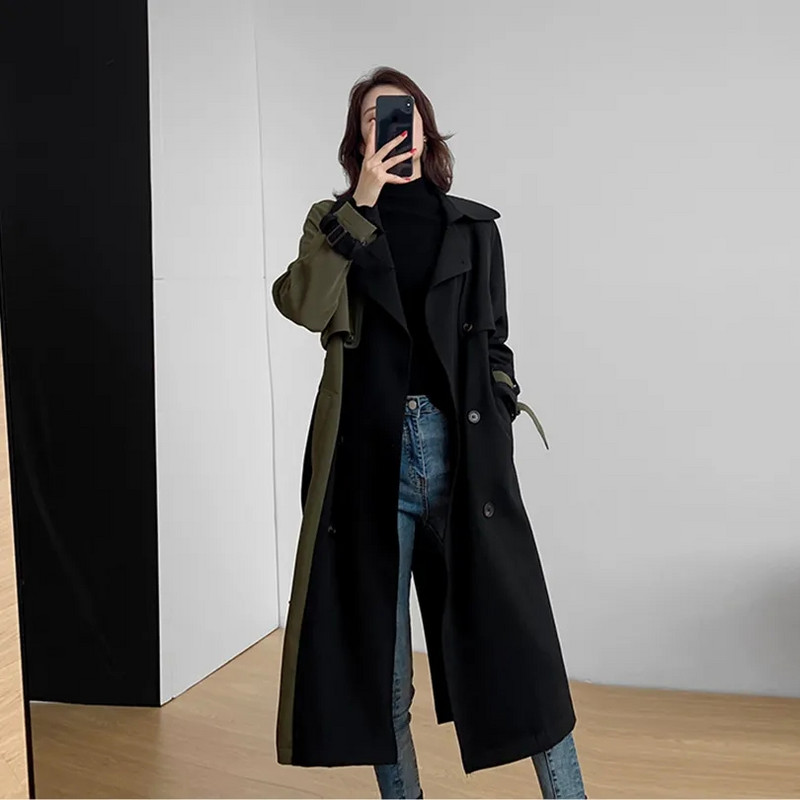 Черна ветровка със средна дължина Дамски тренчкот с колан 2023 Пролет Есен Горно облекло Ново корейско двуредно яке Дълго палто