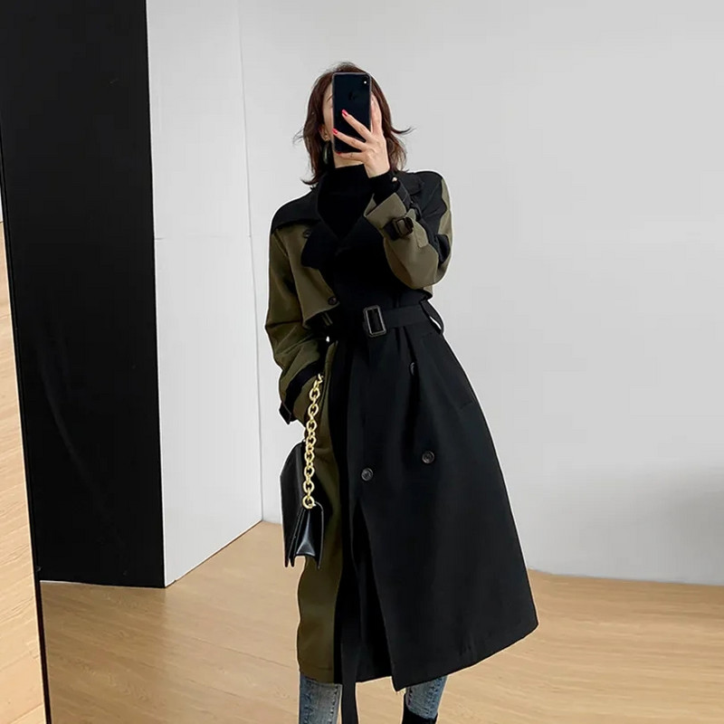 Черна ветровка със средна дължина Дамски тренчкот с колан 2023 Пролет Есен Горно облекло Ново корейско двуредно яке Дълго палто