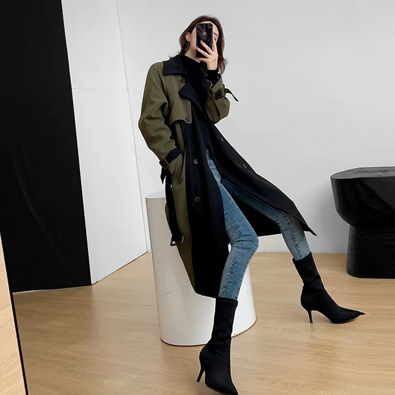 Черна ветровка със средна дължина Дамски тренчкот с колан 2023 Пролет Есен Горно облекло Ново корейско двуредно яке Дълго палто