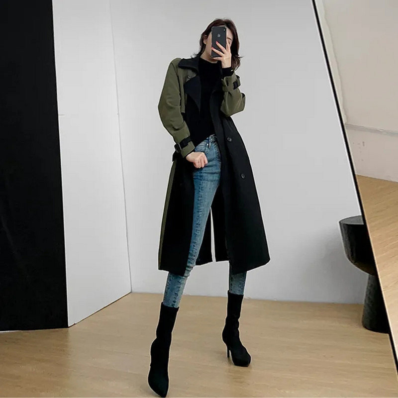 Черна ветровка със средна дължина Дамски тренчкот с колан 2023 Пролет Есен Горно облекло Ново корейско двуредно яке Дълго палто