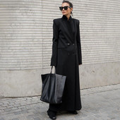 SuperAen пролетен и есенен ретро стил Черен тънък двуреден костюм Ветровка с яка OL Тренчи