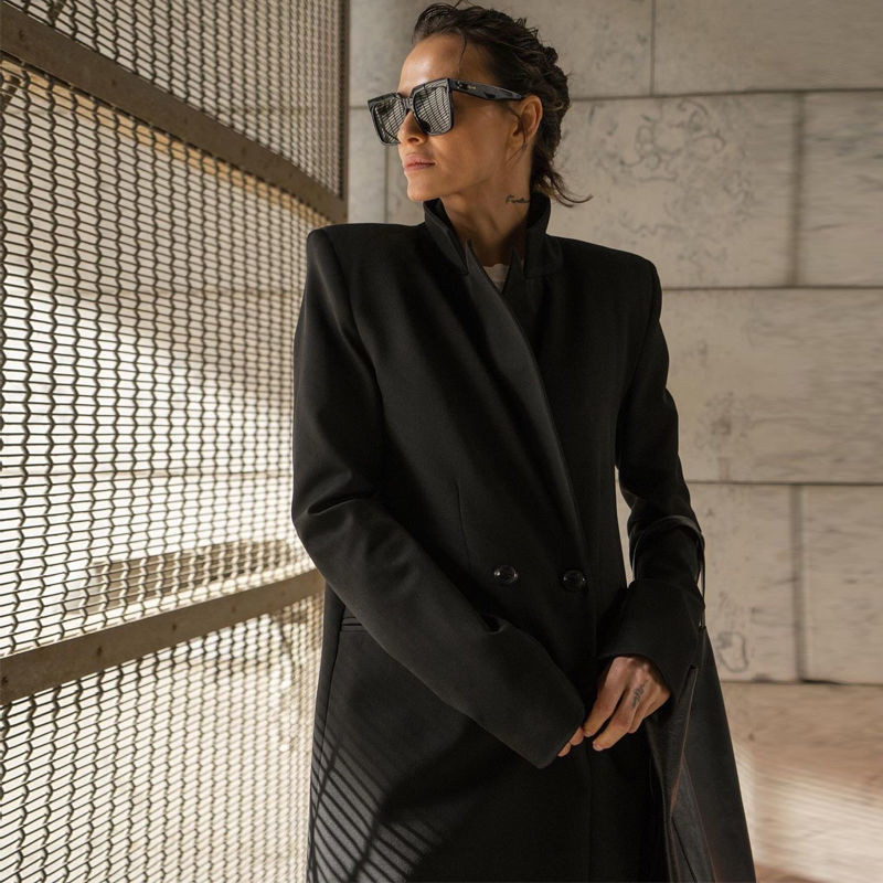 SuperAen пролетен и есенен ретро стил Черен тънък двуреден костюм Ветровка с яка OL Тренчи