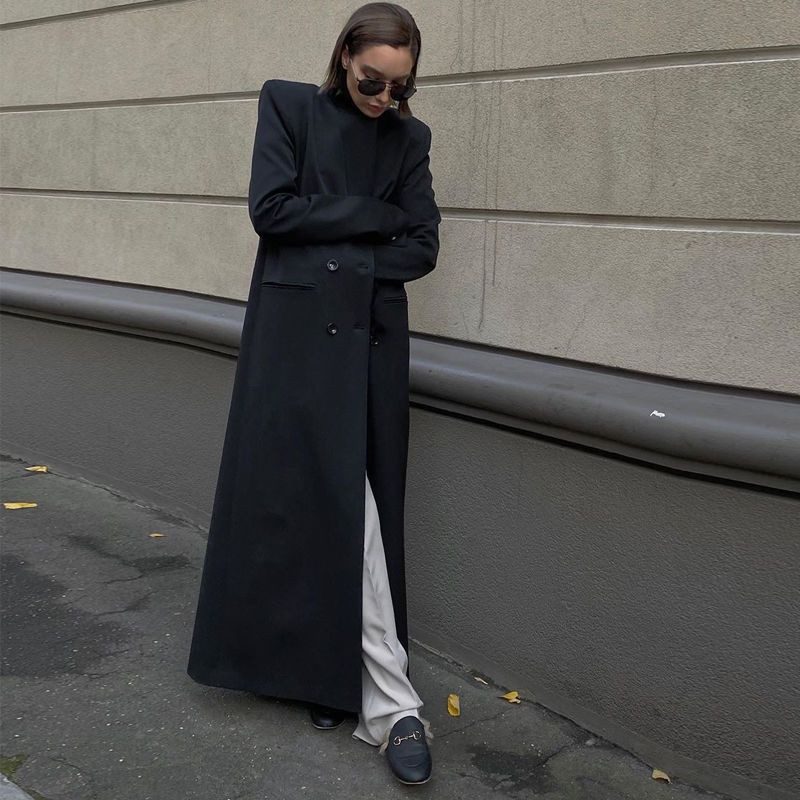 SuperAen пролетен и есенен ретро стил Черен тънък двуреден костюм Ветровка с яка OL Тренчи