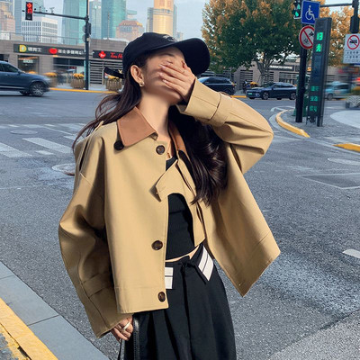 Укорочени тренчкоти Дамски широки модни дрехи High Street Vintage Temper Британски стил Дамски просто цип Ежедневни ветроустойчиви