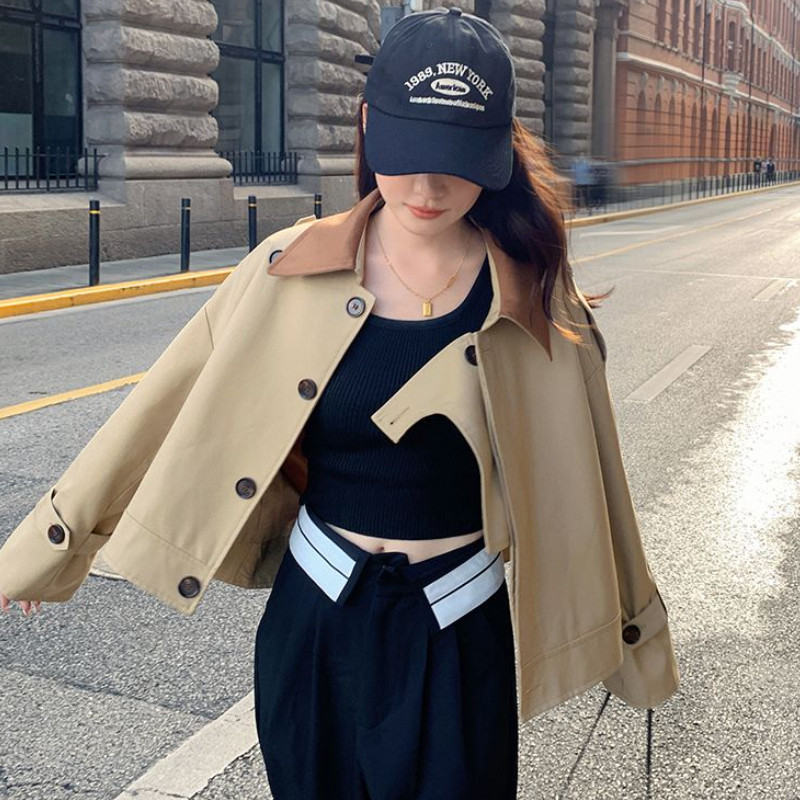 Укорочени тренчкоти Дамски широки модни дрехи High Street Vintage Temper Британски стил Дамски просто цип Ежедневни ветроустойчиви