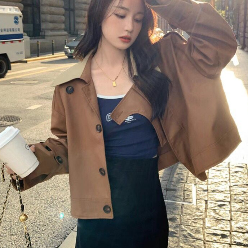 Укорочени тренчкоти Дамски широки модни дрехи High Street Vintage Temper Британски стил Дамски просто цип Ежедневни ветроустойчиви