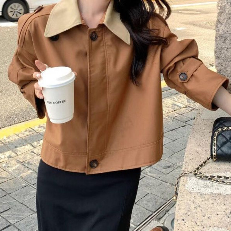 Укорочени тренчкоти Дамски широки модни дрехи High Street Vintage Temper Британски стил Дамски просто цип Ежедневни ветроустойчиви