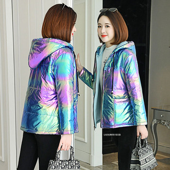 Rainbow Glossy 5XL Down Cotton Parkas Γυναικείο μπουφάν με κουκούλα Τσέπες με φερμουάρ Γυναικείο αδιάβροχο παλτό 2023 Νέο