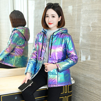 Rainbow Glossy 5XL Down Cotton Parkas Γυναικείο μπουφάν με κουκούλα Τσέπες με φερμουάρ Γυναικείο αδιάβροχο παλτό 2023 Νέο