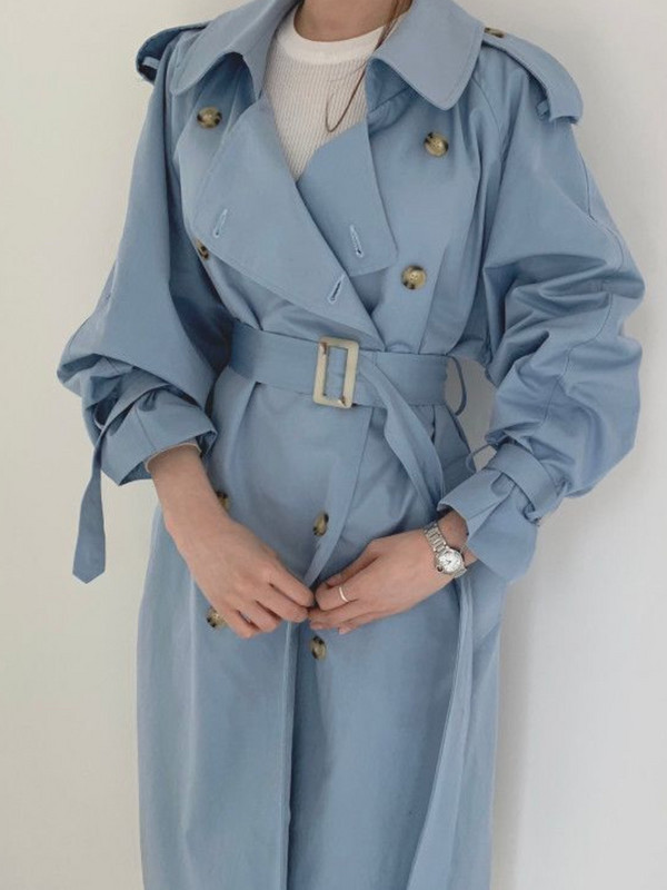 [EWQ] Елегантно дамско палто с колан и дълги ръкави, ветровка с отложна яка, 2023 г., пролетни тренчкоти с връзки, връхни дрехи 16Y5771