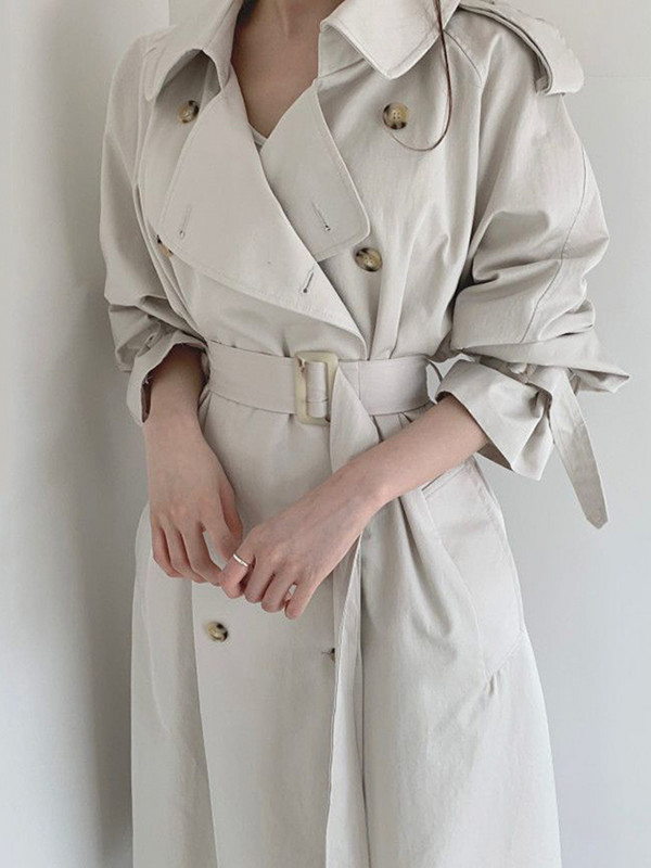 [EWQ] Елегантно дамско палто с колан и дълги ръкави, ветровка с отложна яка, 2023 г., пролетни тренчкоти с връзки, връхни дрехи 16Y5771