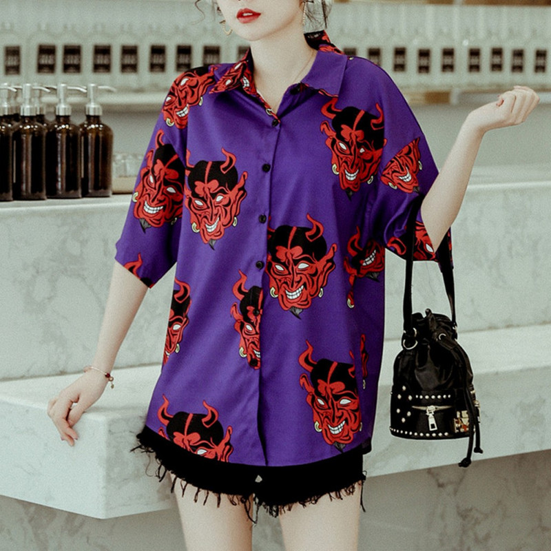 Gornji dijelovi ljetnih bluza Ženska gotička ulična odjeća Gornji dijelovi košulje s gumbima i ovratnikom Ženske ženske bluze za studente široke