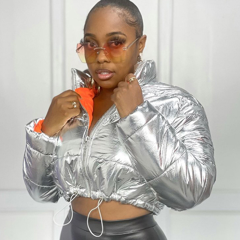 2023 Късо сребристо лъскаво зимно яке с памучна подплата Парки Топло свободно удебелено дамско палто Дъждоустойчиво късо женско зимно облекло