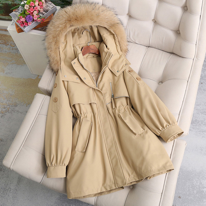 2023 Νέα γυναικεία χειμερινή μεγάλη γούνινη γιακά πάρκα μακρυμάνικο μονόχρωμο μπουφάν με κορδόνια για γυναικεία μόδα, κομψό ζεστό παλτό με κουκούλα