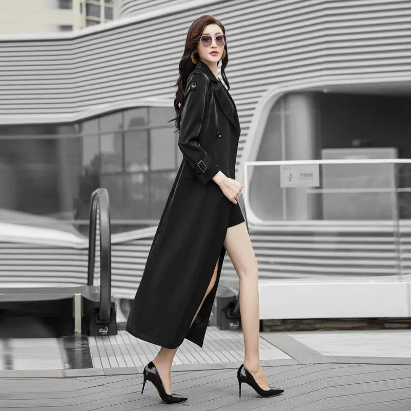 Нов моден лъскав тренчкот Дамско пролетно есенно ежедневна лилава черна ветровка с двуредно плътно X-дълго връхно облекло KW1119