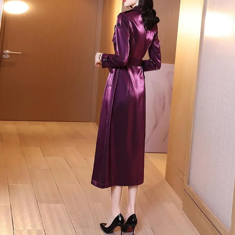 Нов моден лъскав тренчкот Дамско пролетно есенно ежедневна лилава черна ветровка с двуредно плътно X-дълго връхно облекло KW1119