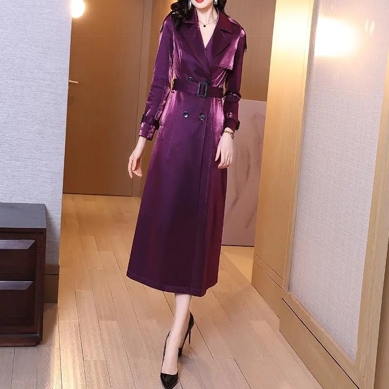 Нов моден лъскав тренчкот Дамско пролетно есенно ежедневна лилава черна ветровка с двуредно плътно X-дълго връхно облекло KW1119