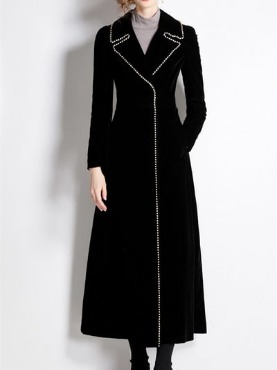 Дамско палто Зимно дизайнерско дамско винтидж черно кадифено макси палто с реколта