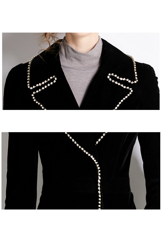 Дамско палто Зимно дизайнерско дамско винтидж черно кадифено макси палто с реколта