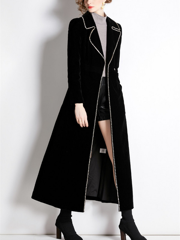 Дамско палто Зимно дизайнерско дамско винтидж черно кадифено макси палто с реколта