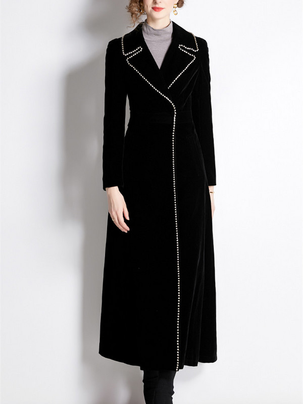 Дамско палто Зимно дизайнерско дамско винтидж черно кадифено макси палто с реколта