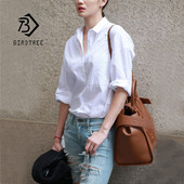 Novi dolazak, ženska jednobojna bijela košulja s otvorenim ovratnikom, dugačka bluza s šišmiš rukavima i dugmadima, korejski stil Feminina Blusa T9O913F