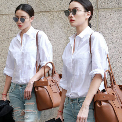 Novi dolazak, ženska jednobojna bijela košulja s otvorenim ovratnikom, dugačka bluza s šišmiš rukavima i dugmadima, korejski stil Feminina Blusa T9O913F