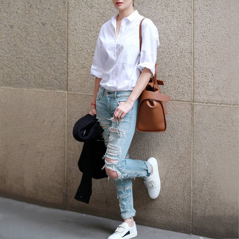 Novi dolazak, ženska jednobojna bijela košulja s otvorenim ovratnikom, dugačka bluza s šišmiš rukavima i dugmadima, korejski stil Feminina Blusa T9O913F