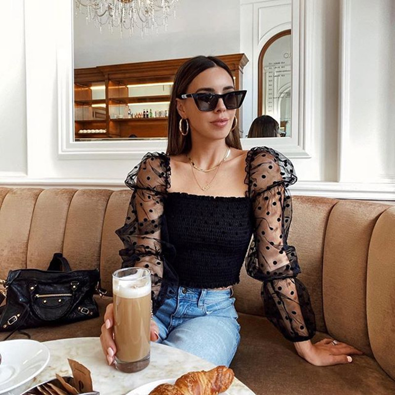 Летни реколта на точки, нови дамски ризи с буф ръкав, секси квадратно деколте, тънка прозрачна блуза, изрязано топ клубно облекло