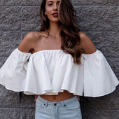 Fashion One Shoulder Γυναικεία μπλουζάκια πουκάμισα με σέξι Flare μανίκια Μπλε Λευκό Crop Καλοκαιρινό τοπ μόδας
