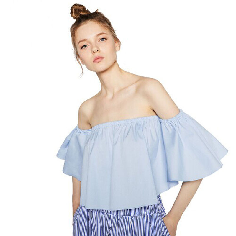 Modne ženske bluze na jedno rame, seksi majice s širokim rukavima, plavo-bijele kratke majice, ljetne modne majice